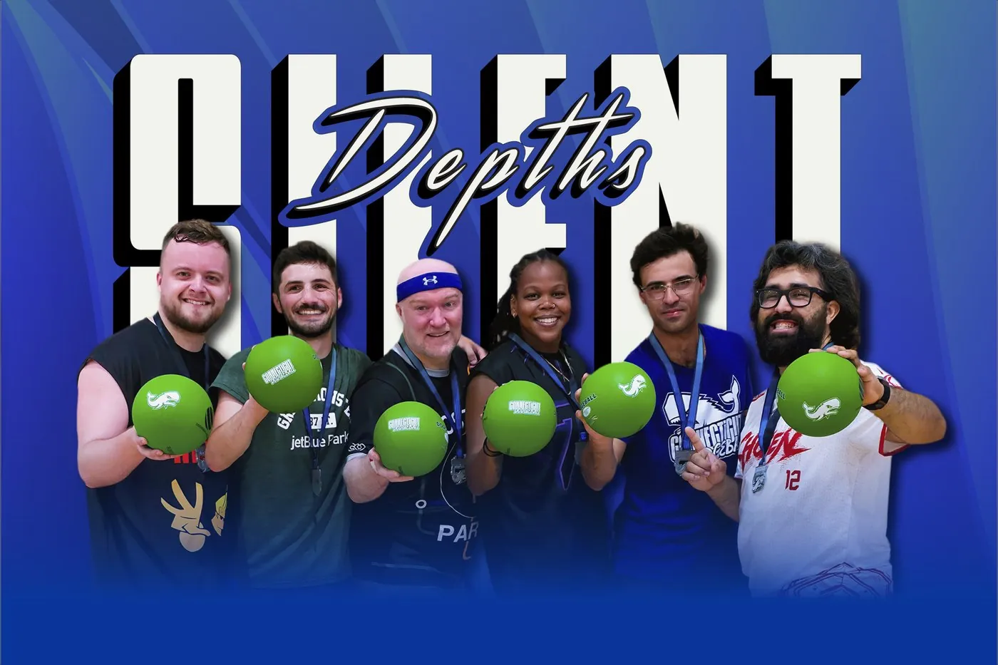 Players posing together with dodgeballs after a Connecticut Dodgeball season game